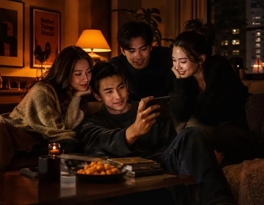 观众使用黄果免费在线 APP 一起观看短剧的场景
